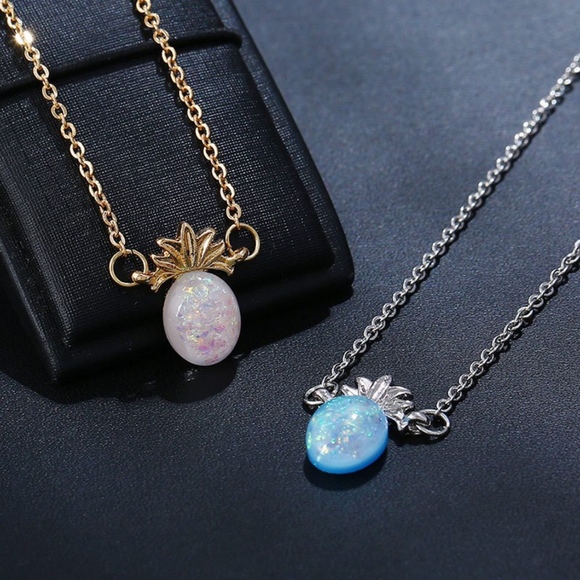 Jewelry - Blue Opal Silver Pineapple Fruit Pendant Necklace